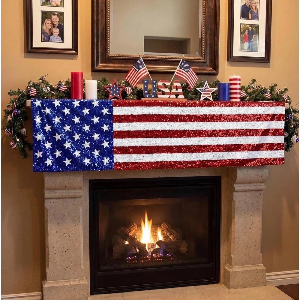 NWT 3 Pc Patriotic Sequin Table Runner Set 4th of July USA Flag 72